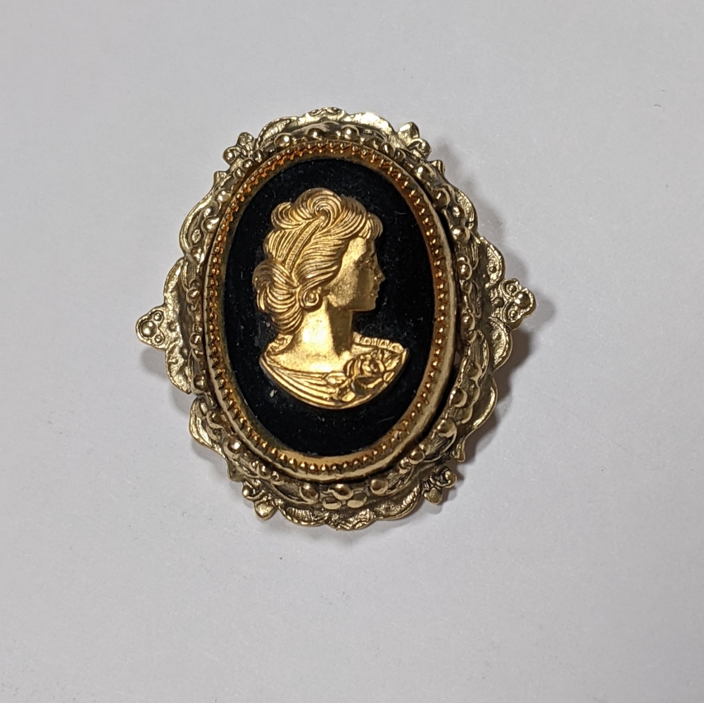Vintage Black and Gold Tone Gilded Cameo Brooch